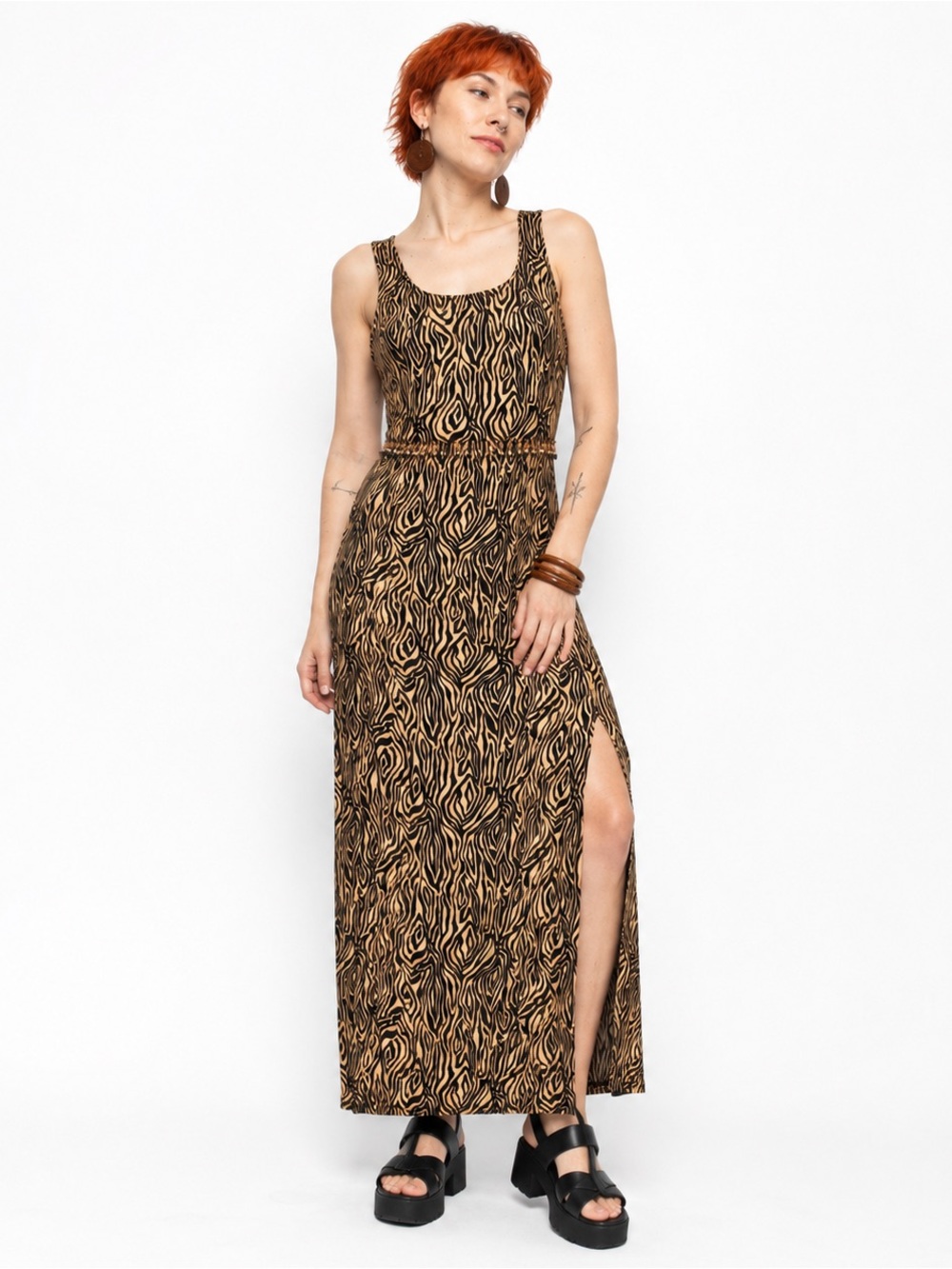 Vintage 90s Jessica Petites Tiger Print Beaded Maxi Dress 10P